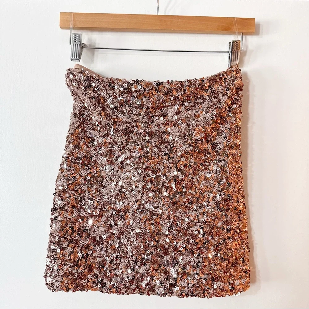 Babyboo Melissa Top & Skirt Set Sequin Bronze Crop Mini Size Small NWT